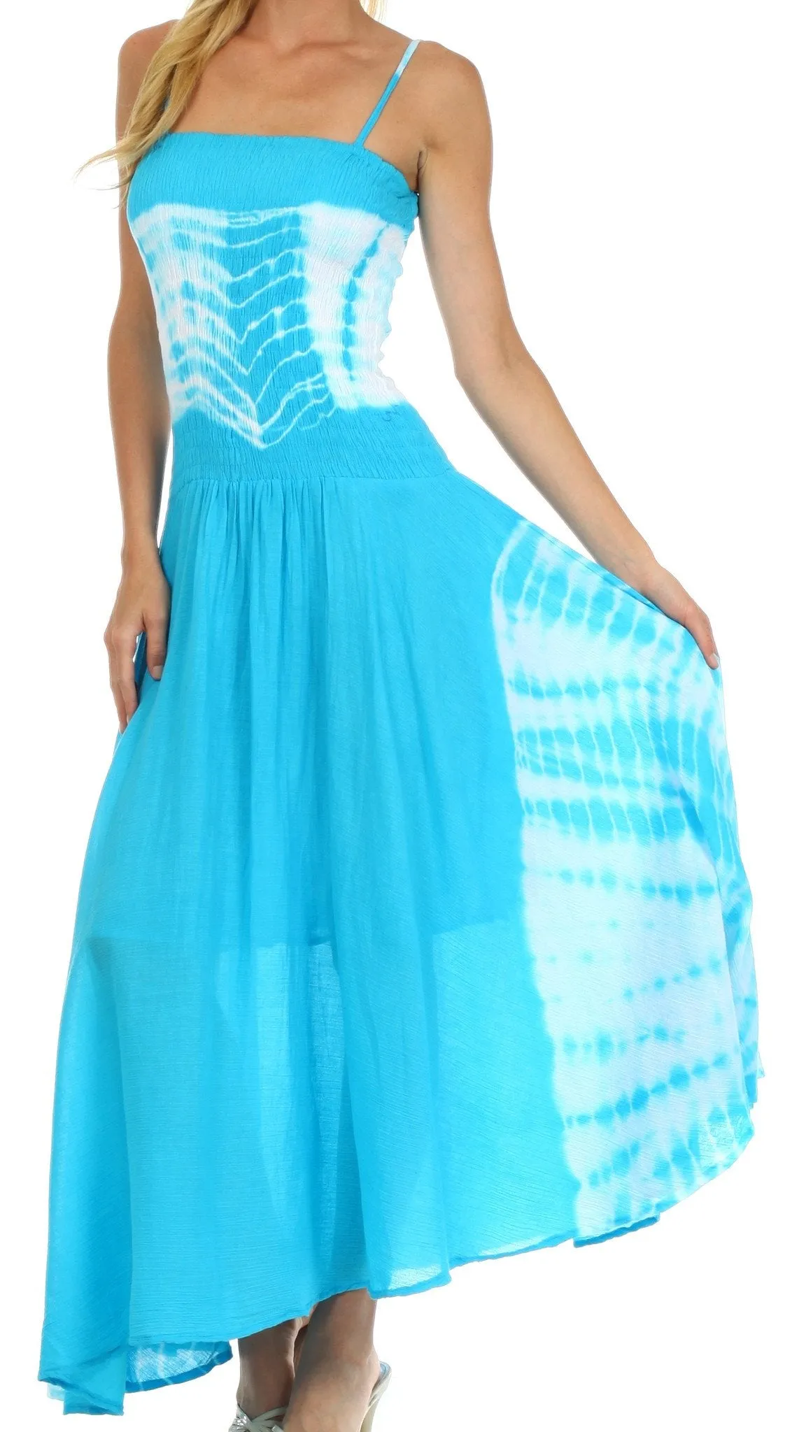 2-Tone Tie Dye Sleeveless Smocked Top Guazy Long Dress