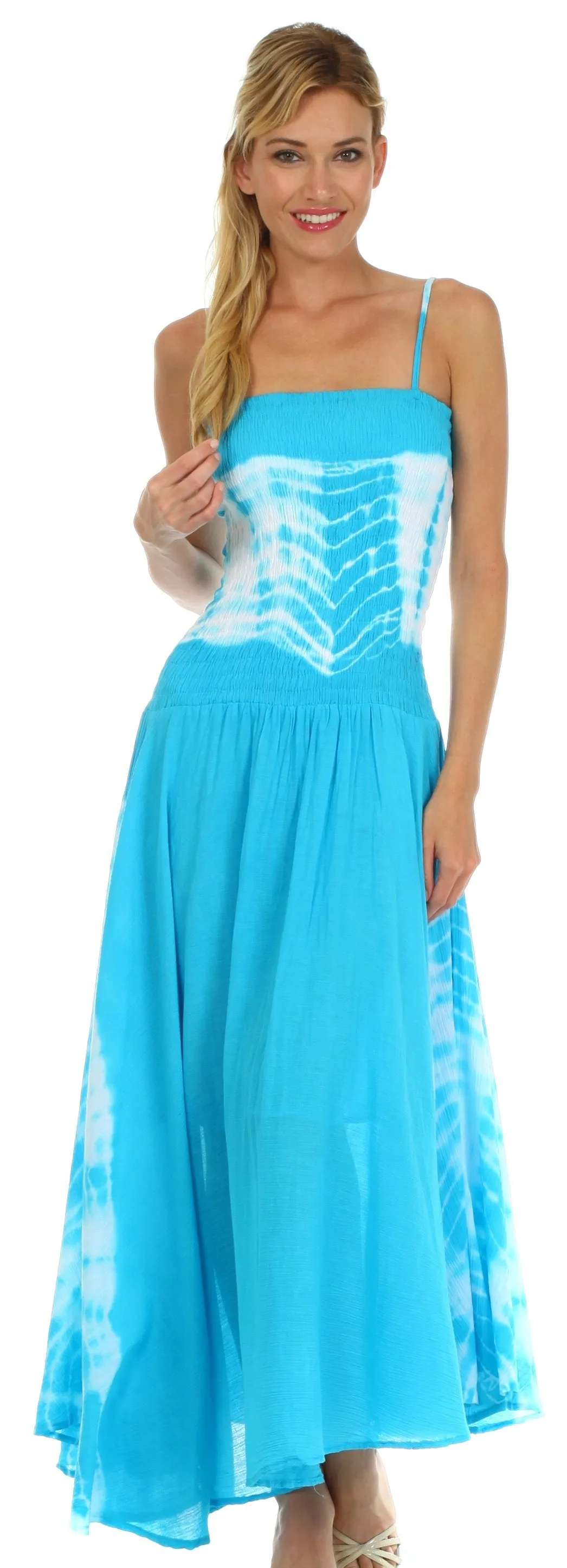 2-Tone Tie Dye Sleeveless Smocked Top Guazy Long Dress