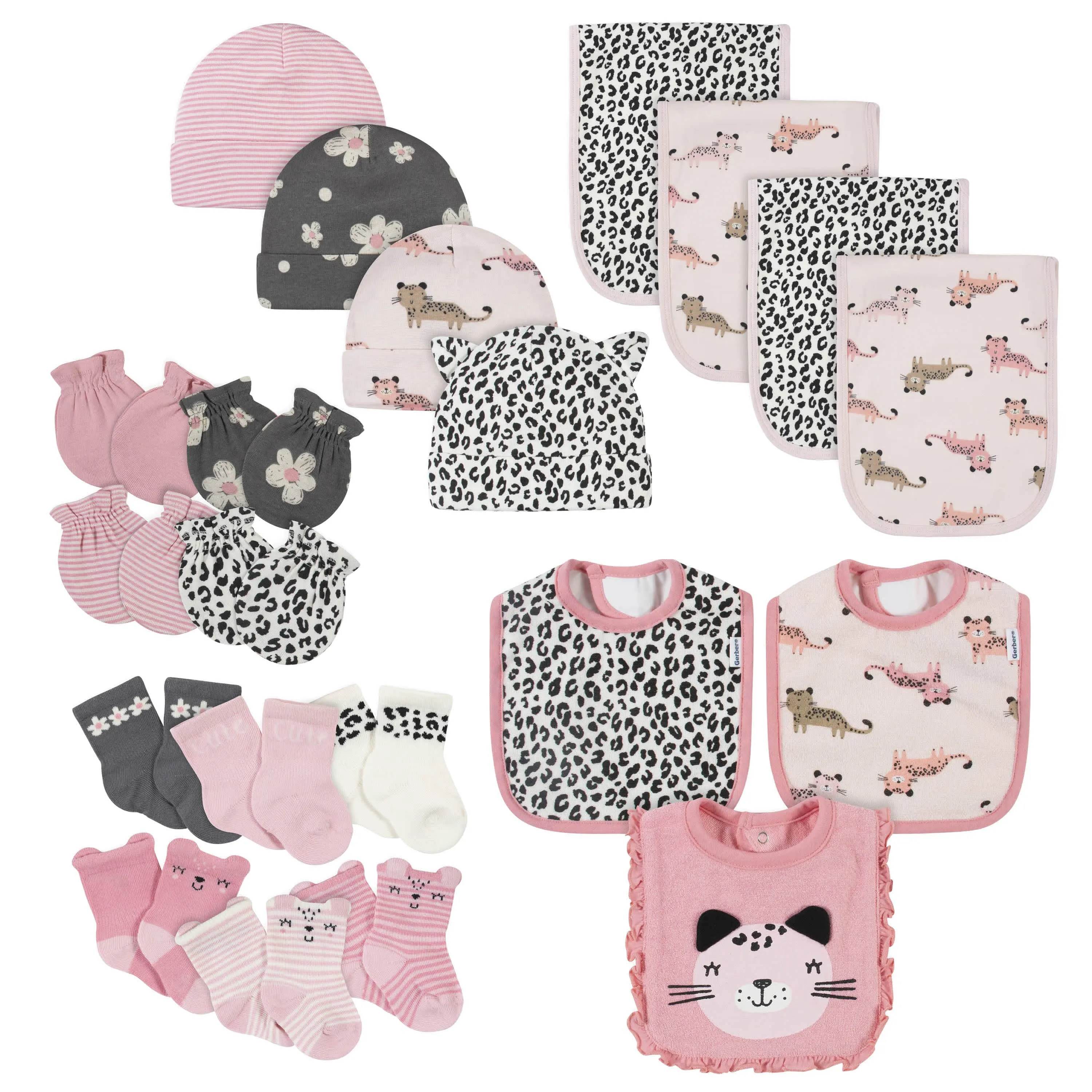 21-Piece Baby Girls Leopard Terry Bib, Burpcloth, Mittens, Cap and Bootie Sock Set