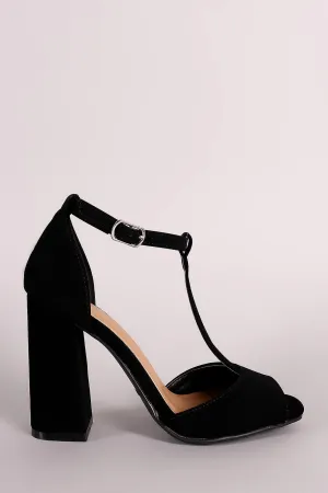 Bamboo Nubuck Peep Toe T-Strap Chunky Heel