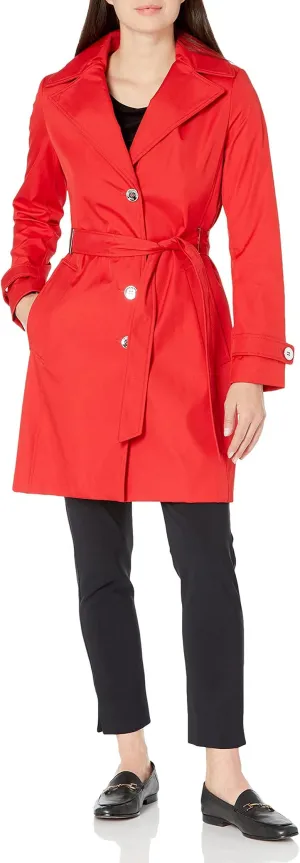 Calvin Klein Women's Single Breasted Belted Rain Jacket with Detachable Hood, Cherry