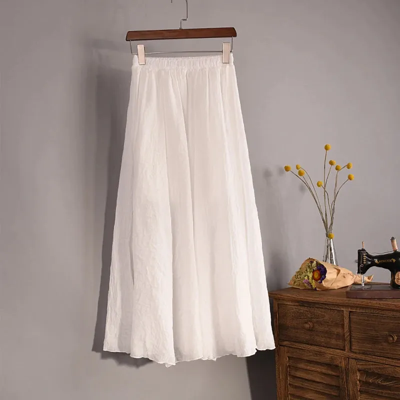 Cotton Linen Skirts For Women High Waist A-line Long Pleated Skirt Casual Solid Color Elastic Waist Summer Beach Skirt