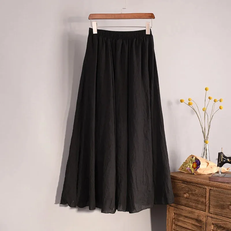 Cotton Linen Skirts For Women High Waist A-line Long Pleated Skirt Casual Solid Color Elastic Waist Summer Beach Skirt