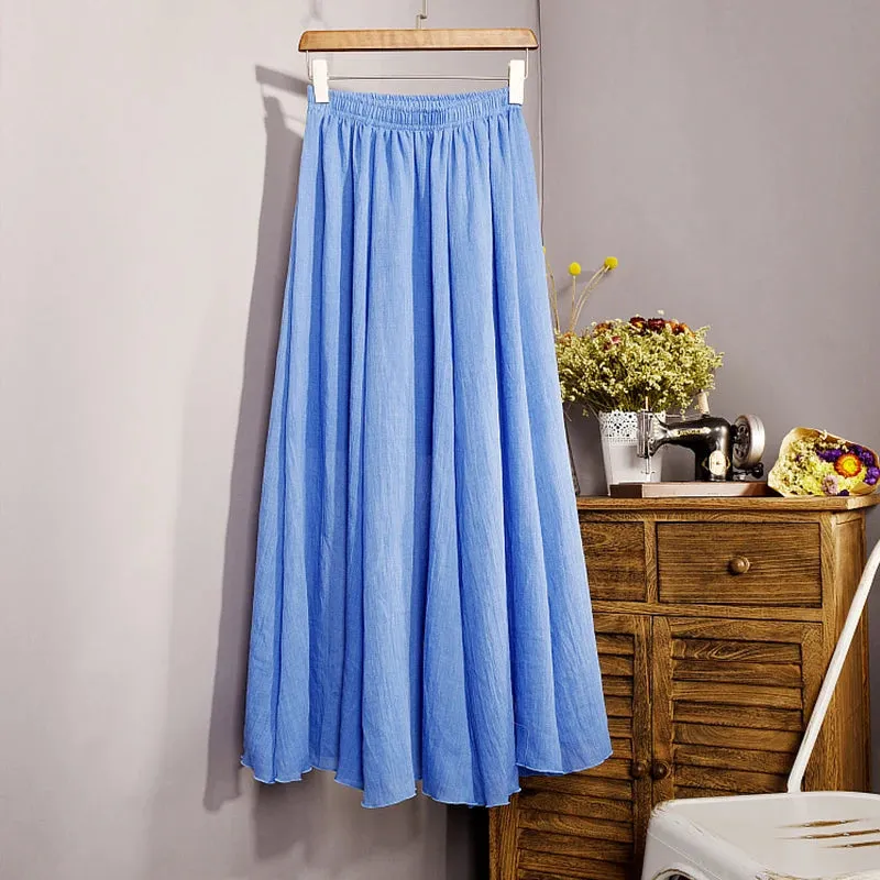 Cotton Linen Skirts For Women High Waist A-line Long Pleated Skirt Casual Solid Color Elastic Waist Summer Beach Skirt