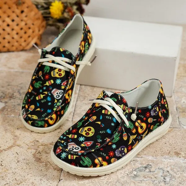 deanwangkt - Black Casual Patchwork Printing Round Comfortable Shoes