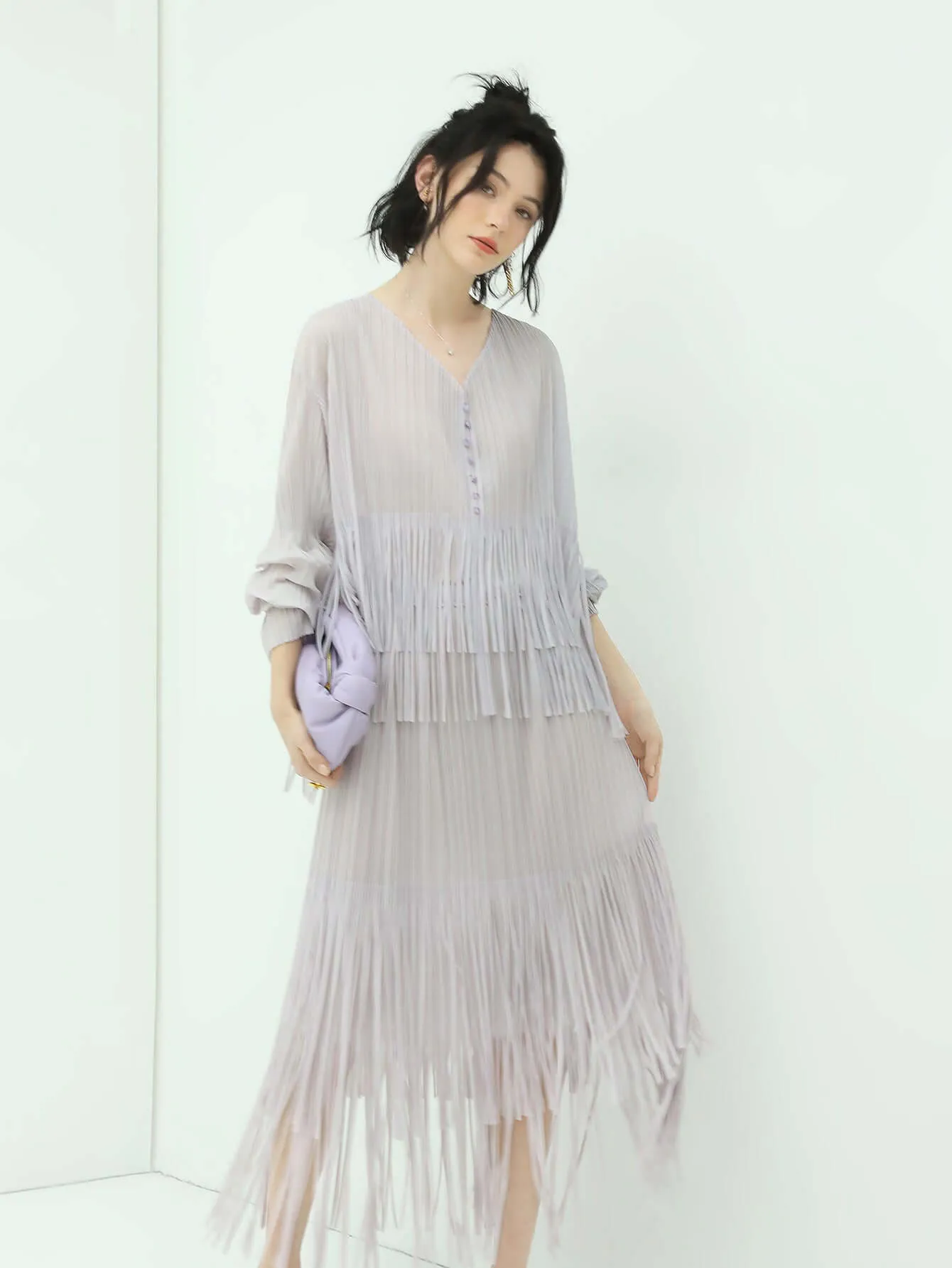 Dreamy Pleated Lilac Chiffon Shirt