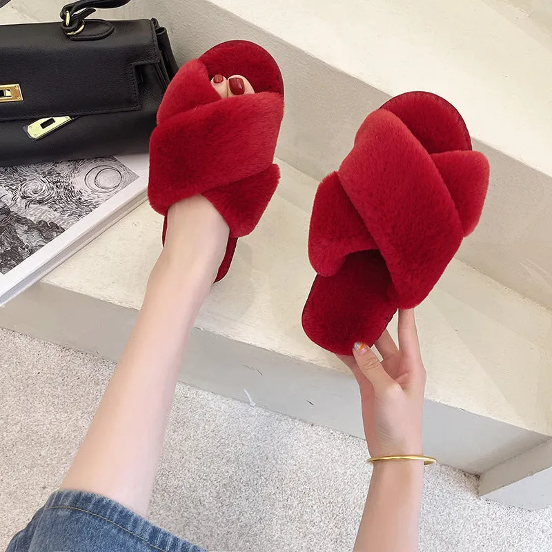 Fashionable Cross-Strap Simple Solid Color Plush Warm Bedroom Slippers Shoes