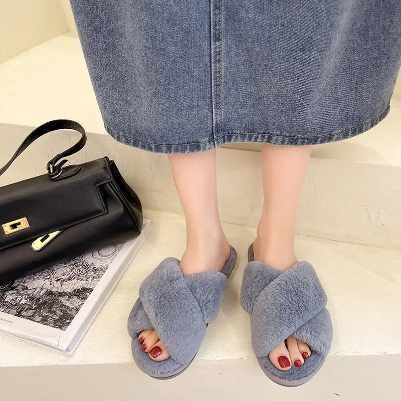 Fashionable Cross-Strap Simple Solid Color Plush Warm Bedroom Slippers Shoes