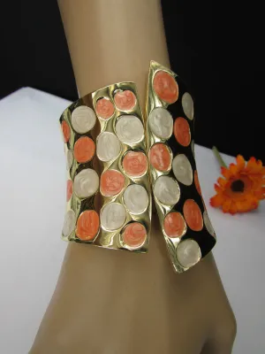 Gold Metal Wide Cuff Bracelet Claws White Peach Polka Dots Accessories