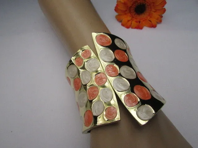 Gold Metal Wide Cuff Bracelet Claws White Peach Polka Dots Accessories