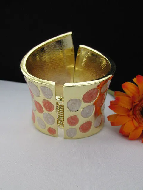 Gold Metal Wide Cuff Bracelet Claws White Peach Polka Dots Accessories