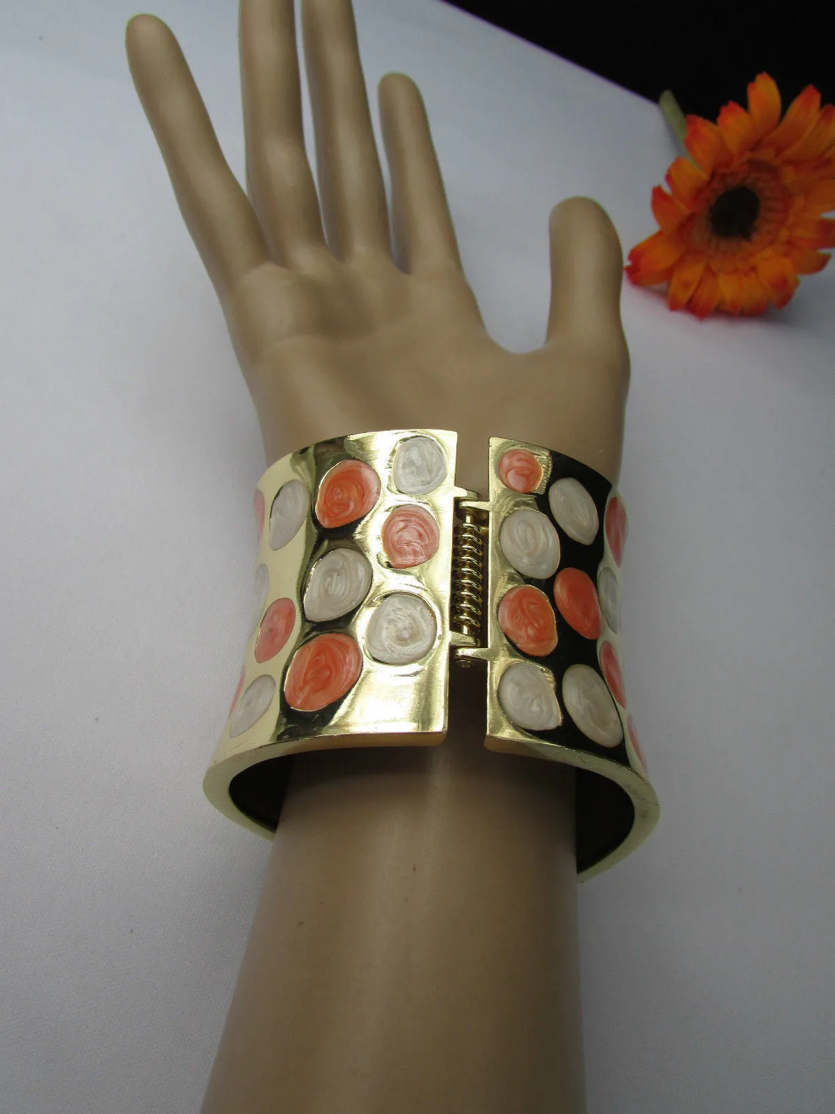 Gold Metal Wide Cuff Bracelet Claws White Peach Polka Dots Accessories