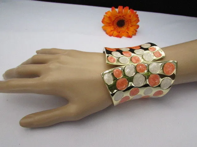 Gold Metal Wide Cuff Bracelet Claws White Peach Polka Dots Accessories