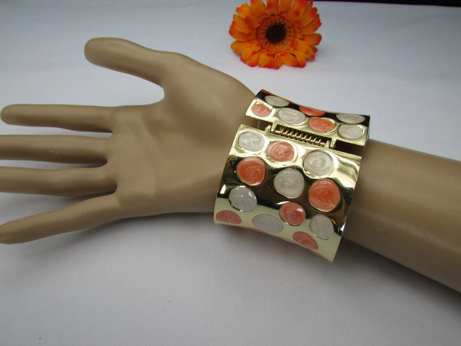 Gold Metal Wide Cuff Bracelet Claws White Peach Polka Dots Accessories