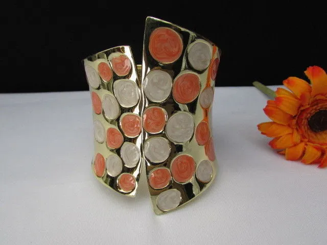 Gold Metal Wide Cuff Bracelet Claws White Peach Polka Dots Accessories