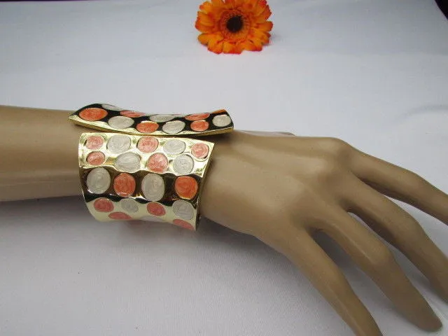 Gold Metal Wide Cuff Bracelet Claws White Peach Polka Dots Accessories