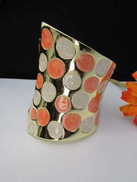 Gold Metal Wide Cuff Bracelet Claws White Peach Polka Dots Accessories