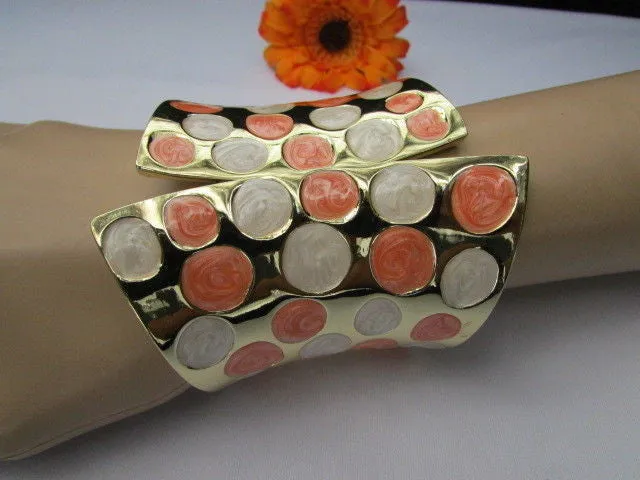 Gold Metal Wide Cuff Bracelet Claws White Peach Polka Dots Accessories