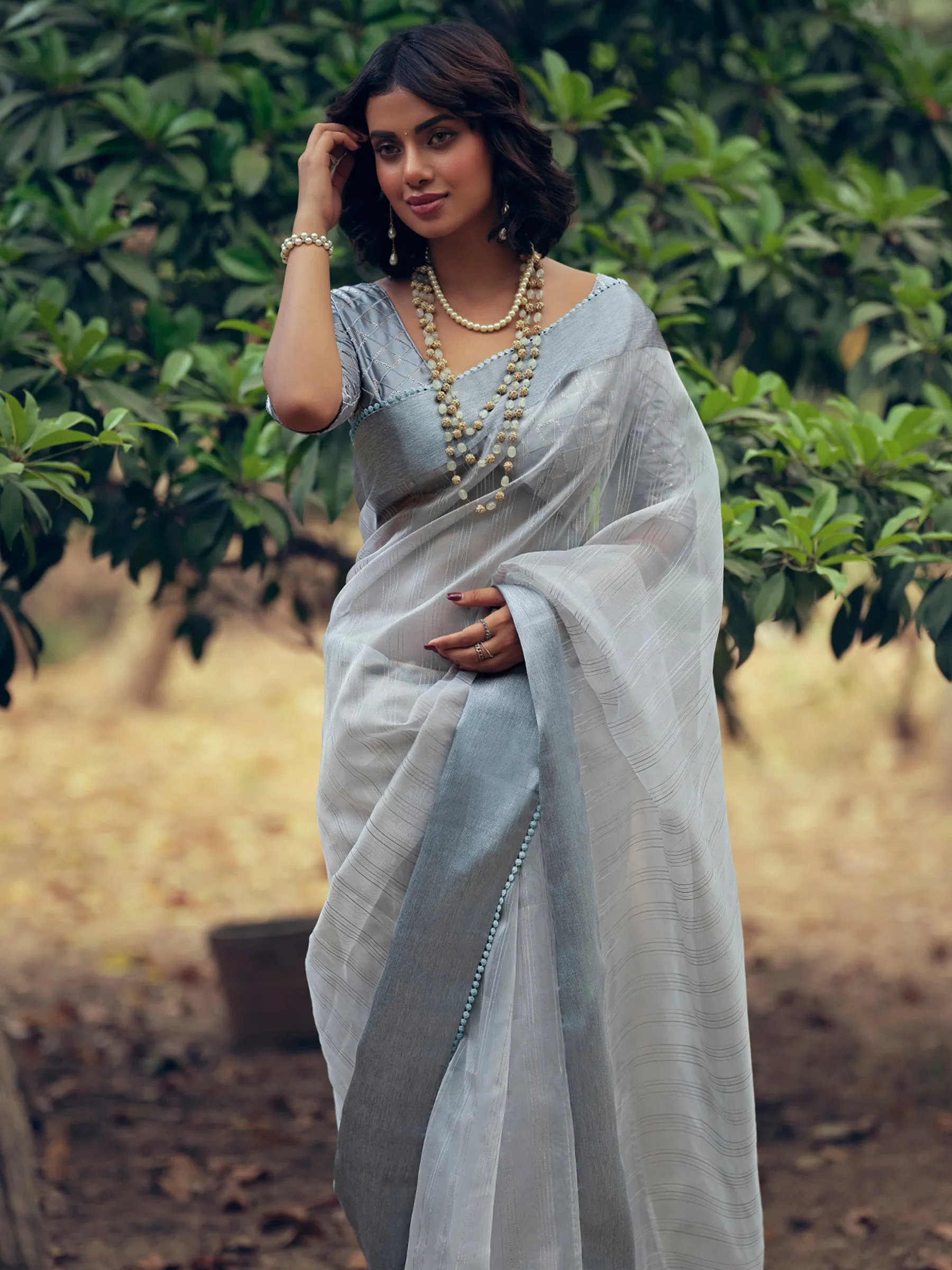 Grey Organza Woven Saree