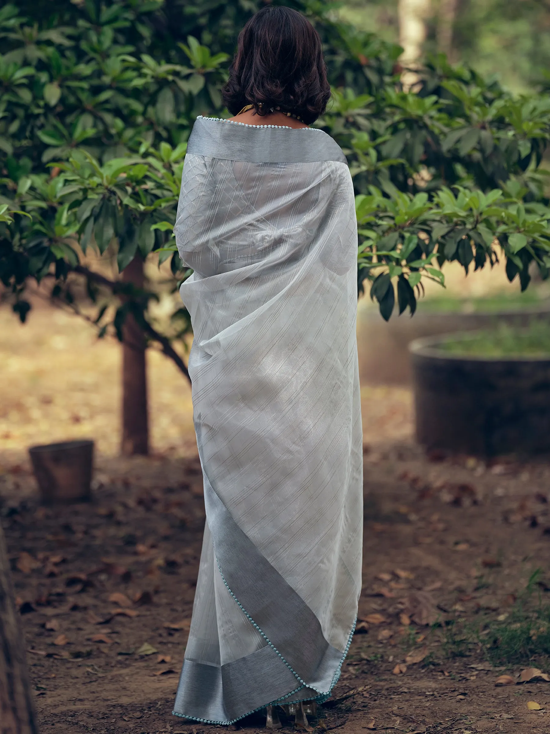 Grey Organza Woven Saree