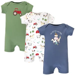 Hudson Baby Cotton Rompers, Boy Farm Animals