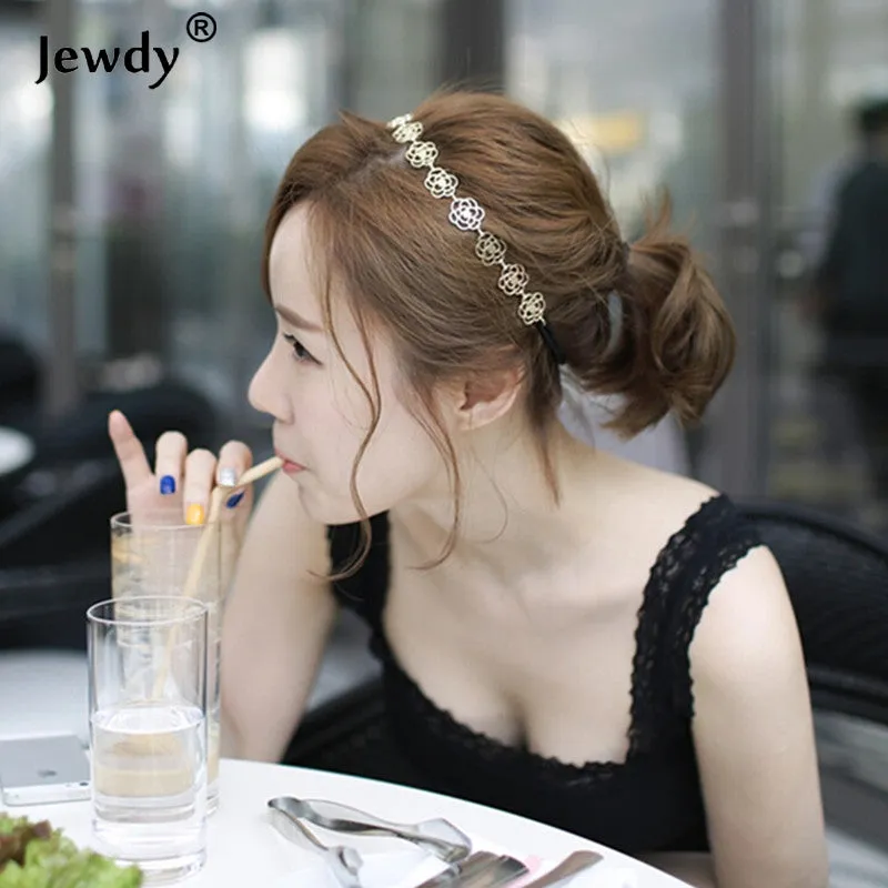 Jewdy Fashion Rose Flower Hair Head Band Accessories Gold Color Hollow Out Rose Hair Jewelry Hairbands gold color for women