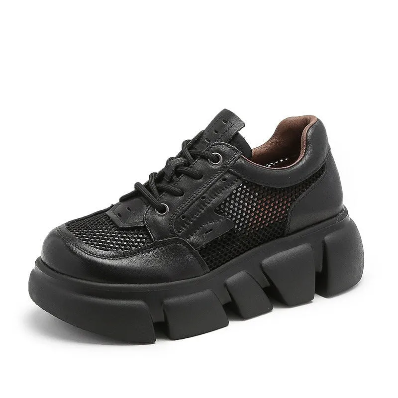 Leather and Mesh Low-top Platform Sneakers for Women Lace Up in Black/Beige/Brown