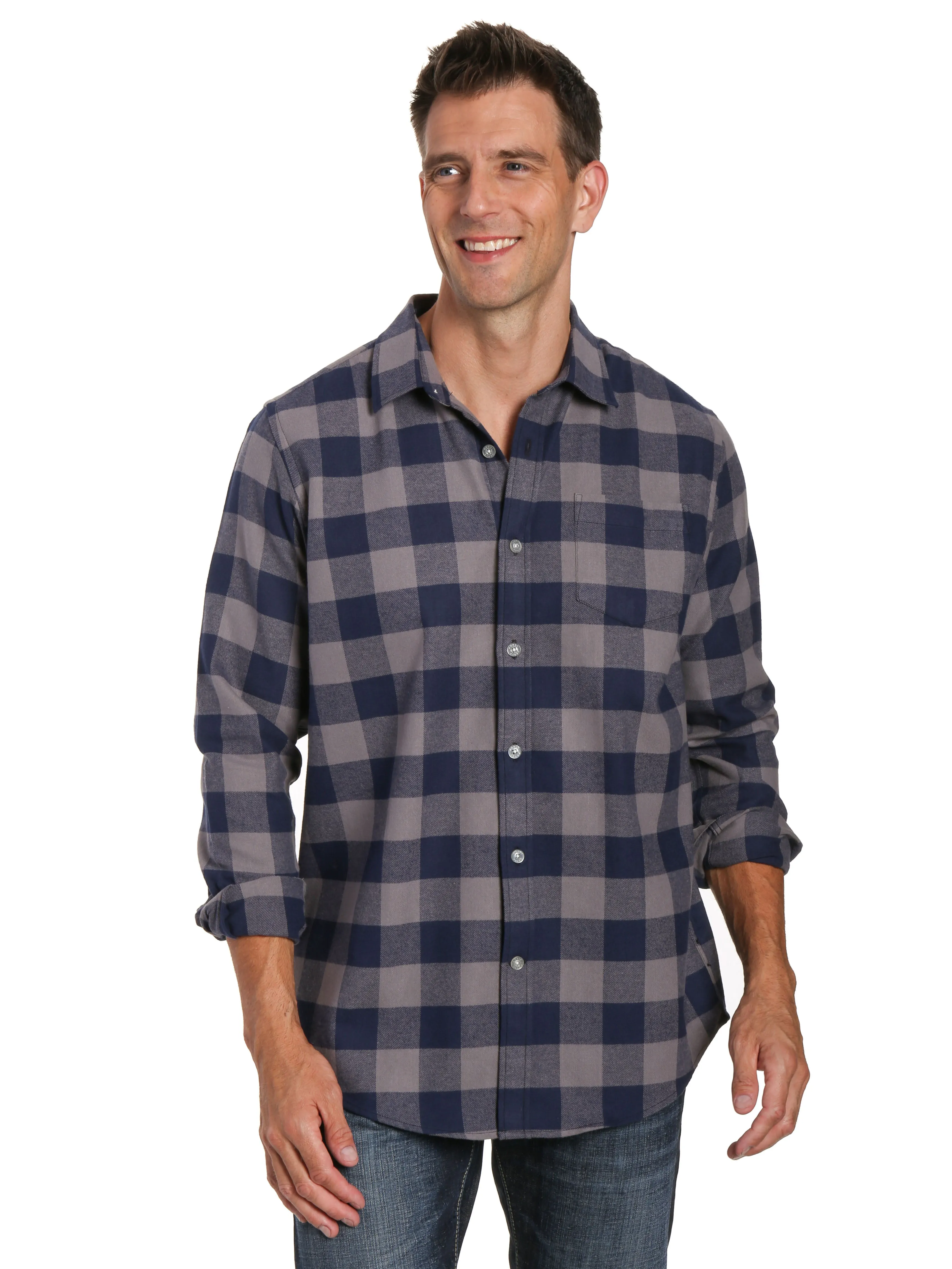 Mens 100% Cotton Flannel Shirt - Regular Fit - Gingham Checks - Charcoal-Navy