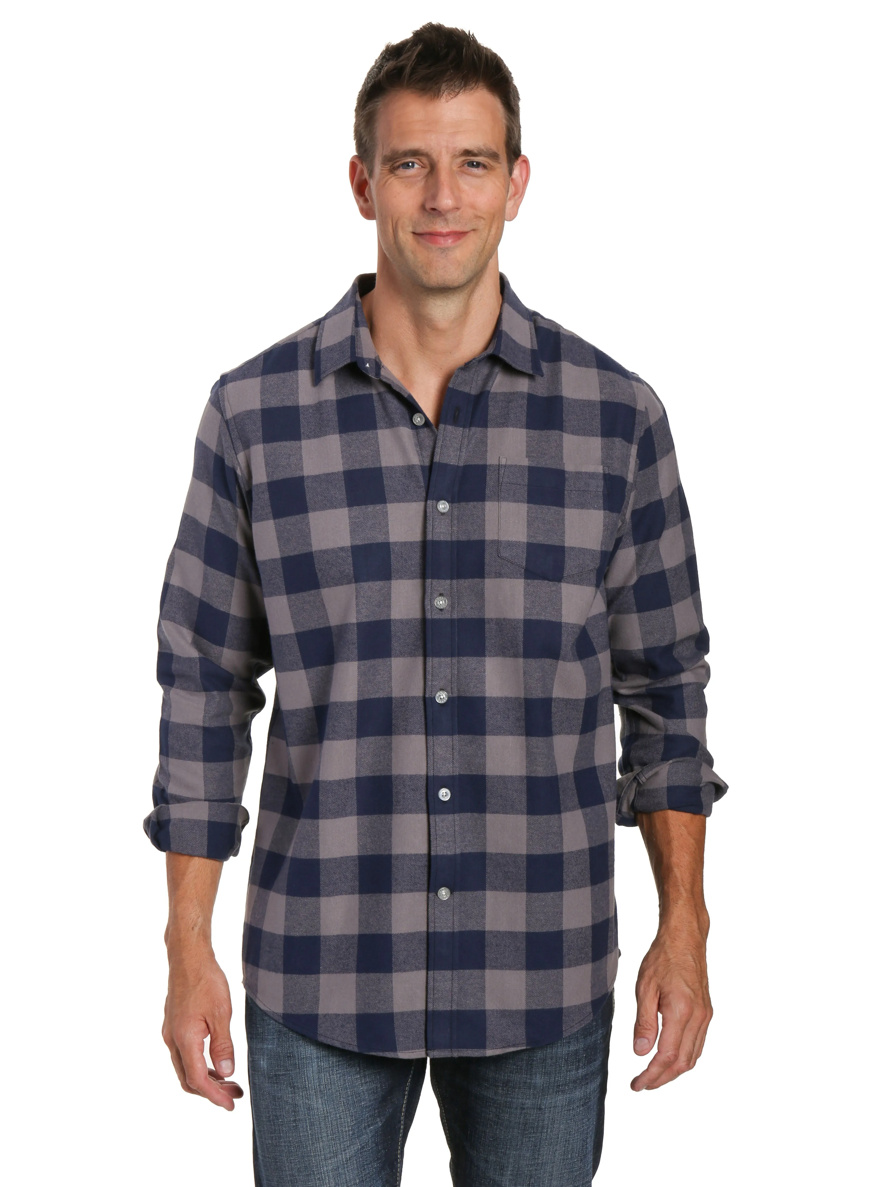 Mens 100% Cotton Flannel Shirt - Regular Fit - Gingham Checks - Charcoal-Navy