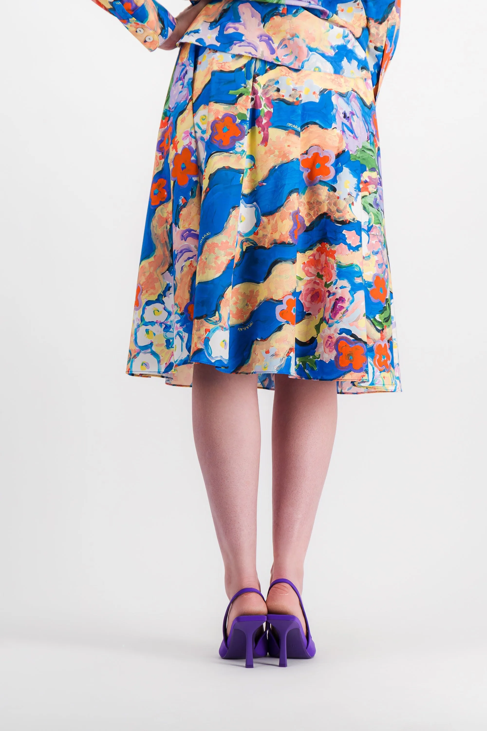 Multi color printed pleated A-line midi skirt