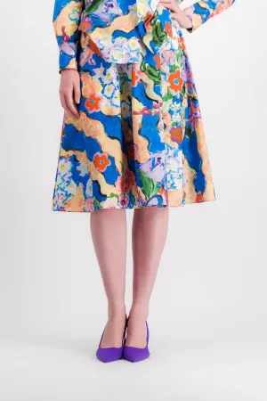 Multi color printed pleated A-line midi skirt