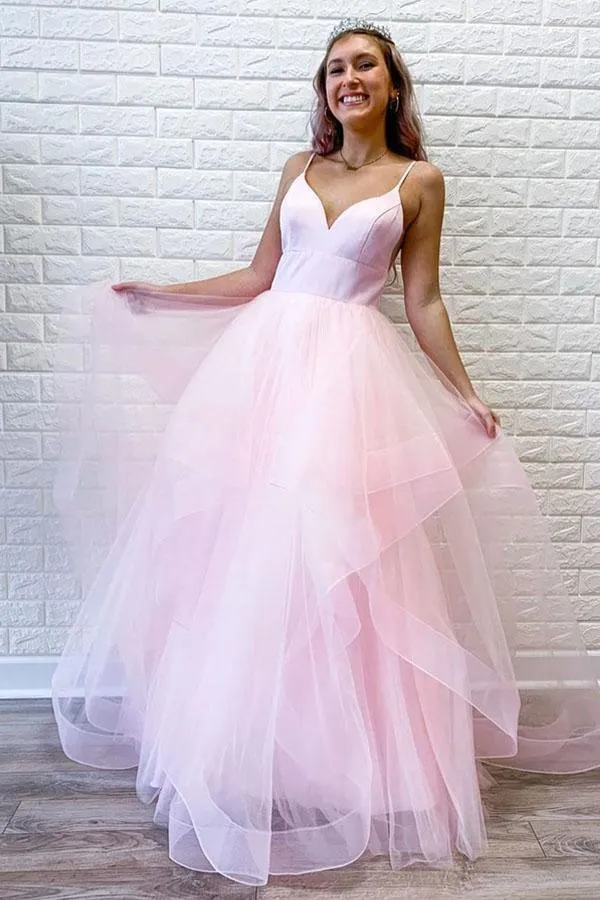 Pink Tulle Ruffles Spaghetti Straps Simple Long Prom/Formal Dress  PSK093