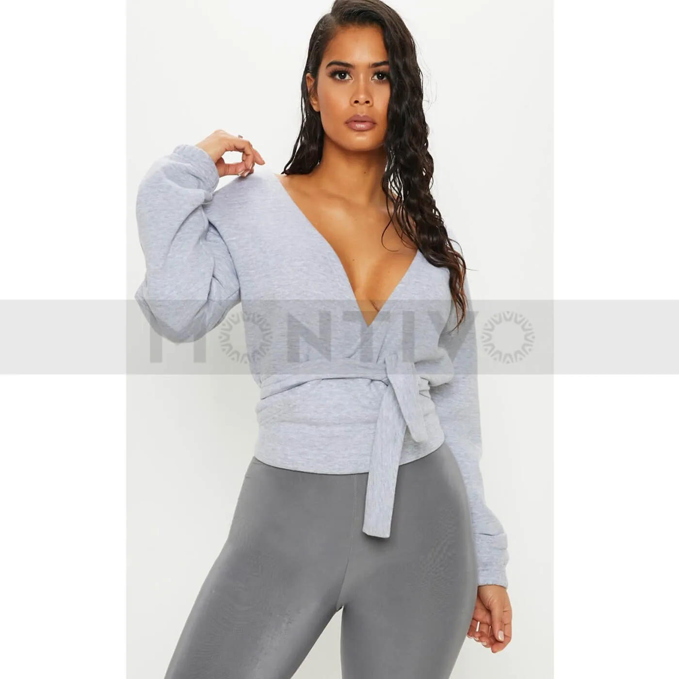 PTL Grey plunge Wrap Sweatshirt