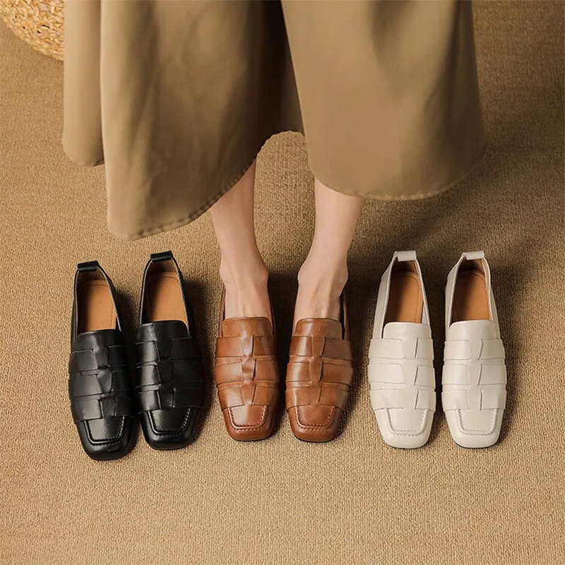 Retro Woven Leather Shoes Soft Bottom Slip On Loafers In Beige/Black/Brown