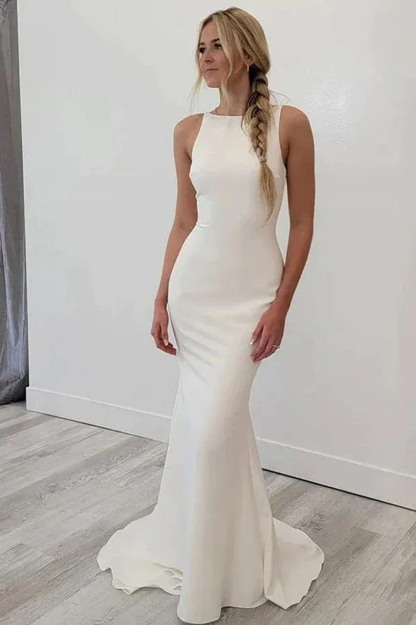 Satin Mermaid Open Back Beach Wedding Dresses Simple Bridal Gowns  WD654