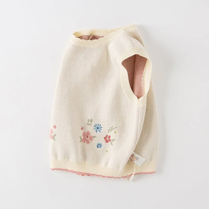 Scallop Edged Flower Embroidery Girl Beige Knitted Vest