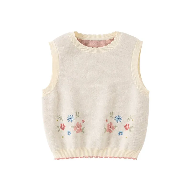 Scallop Edged Flower Embroidery Girl Beige Knitted Vest