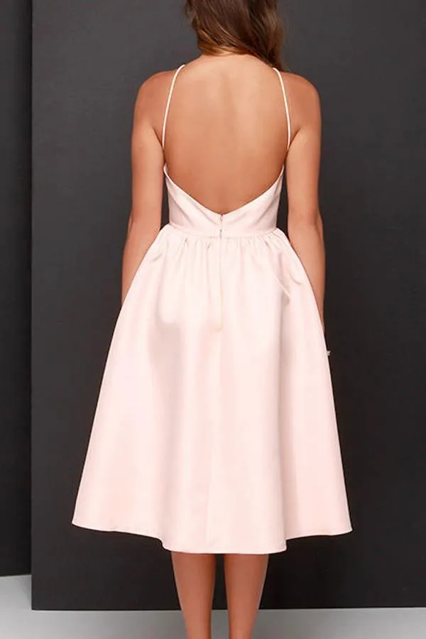 Simple A-line Pink Backless Tea Length Homecoming Dresses Party Dress  PD365