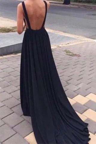 Simple Black Chiffon Backless Deep V Neck A line Long Prom Dress PG559