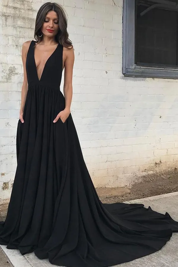 Simple Black Chiffon Backless Deep V Neck A line Long Prom Dress PG559