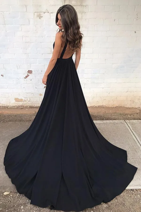 Simple Black Chiffon Backless Deep V Neck A line Long Prom Dress PG559