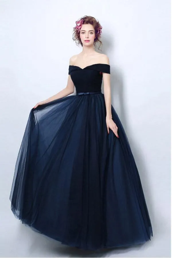 Simple Pleated Dark Navy Blue Formal Dress With Off Shoulder Straps PG706