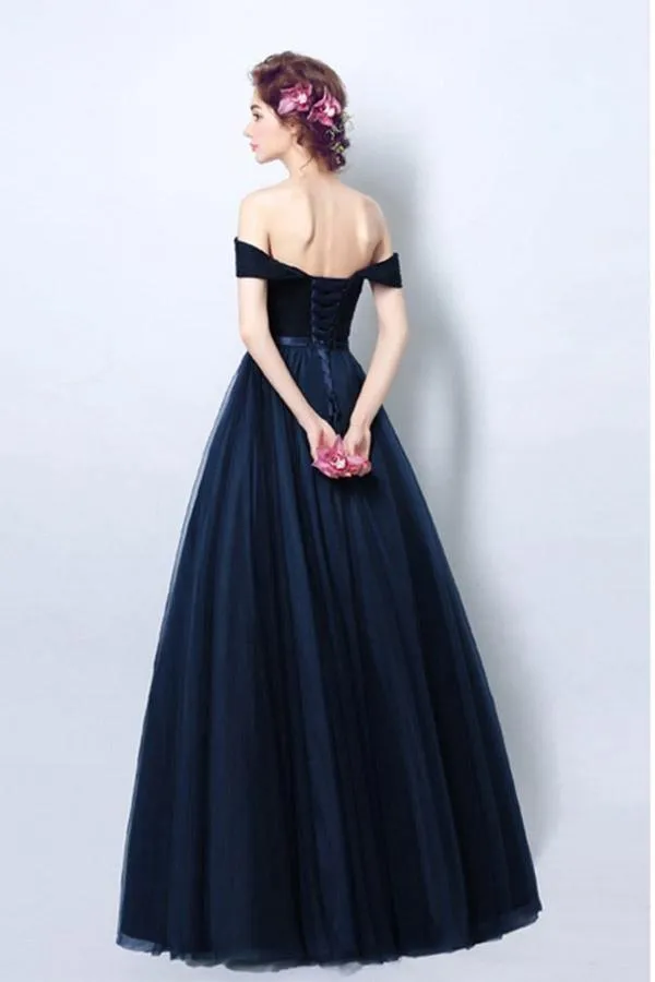 Simple Pleated Dark Navy Blue Formal Dress With Off Shoulder Straps PG706