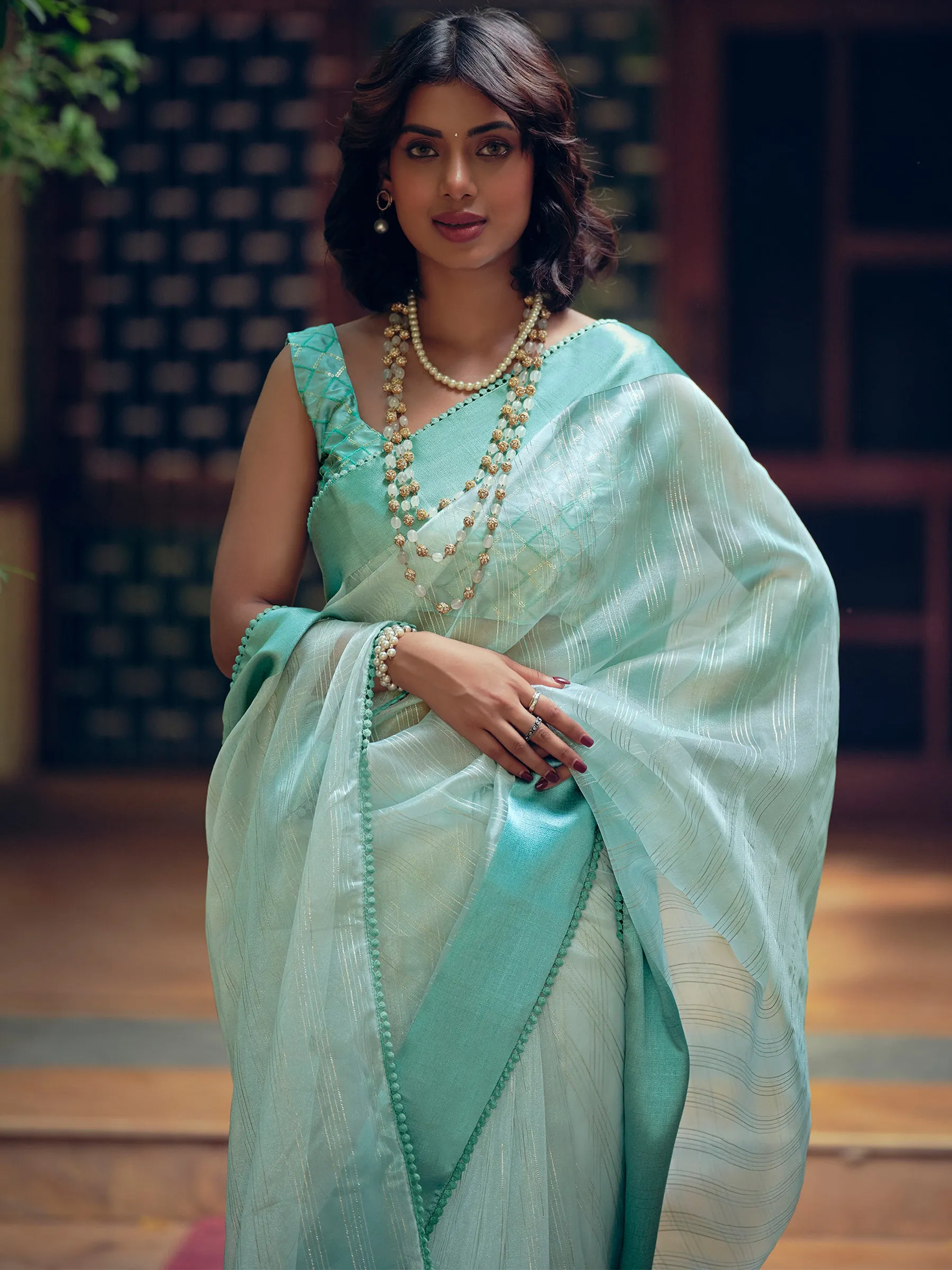 Sky Blue Organza Woven Saree