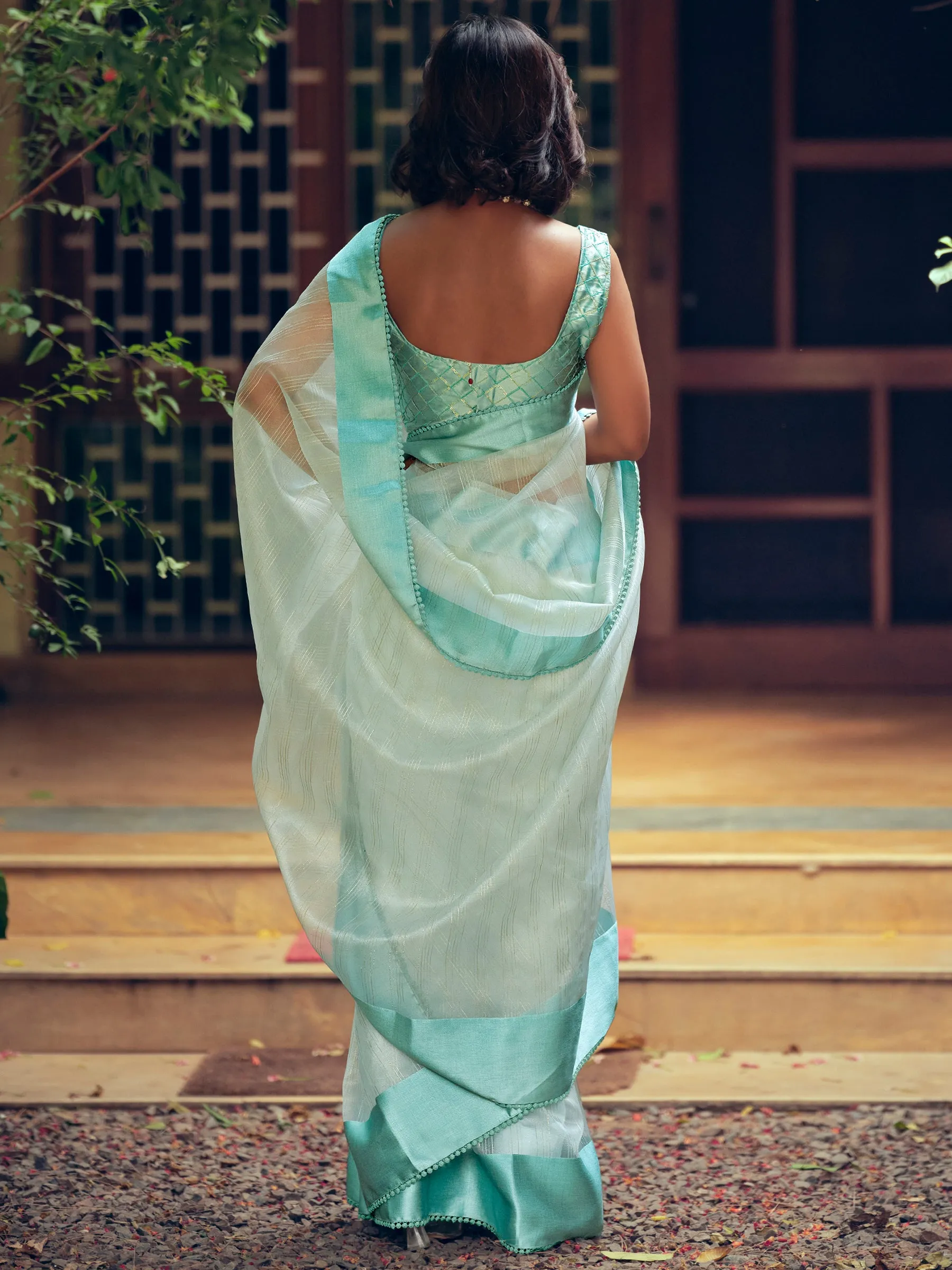 Sky Blue Organza Woven Saree