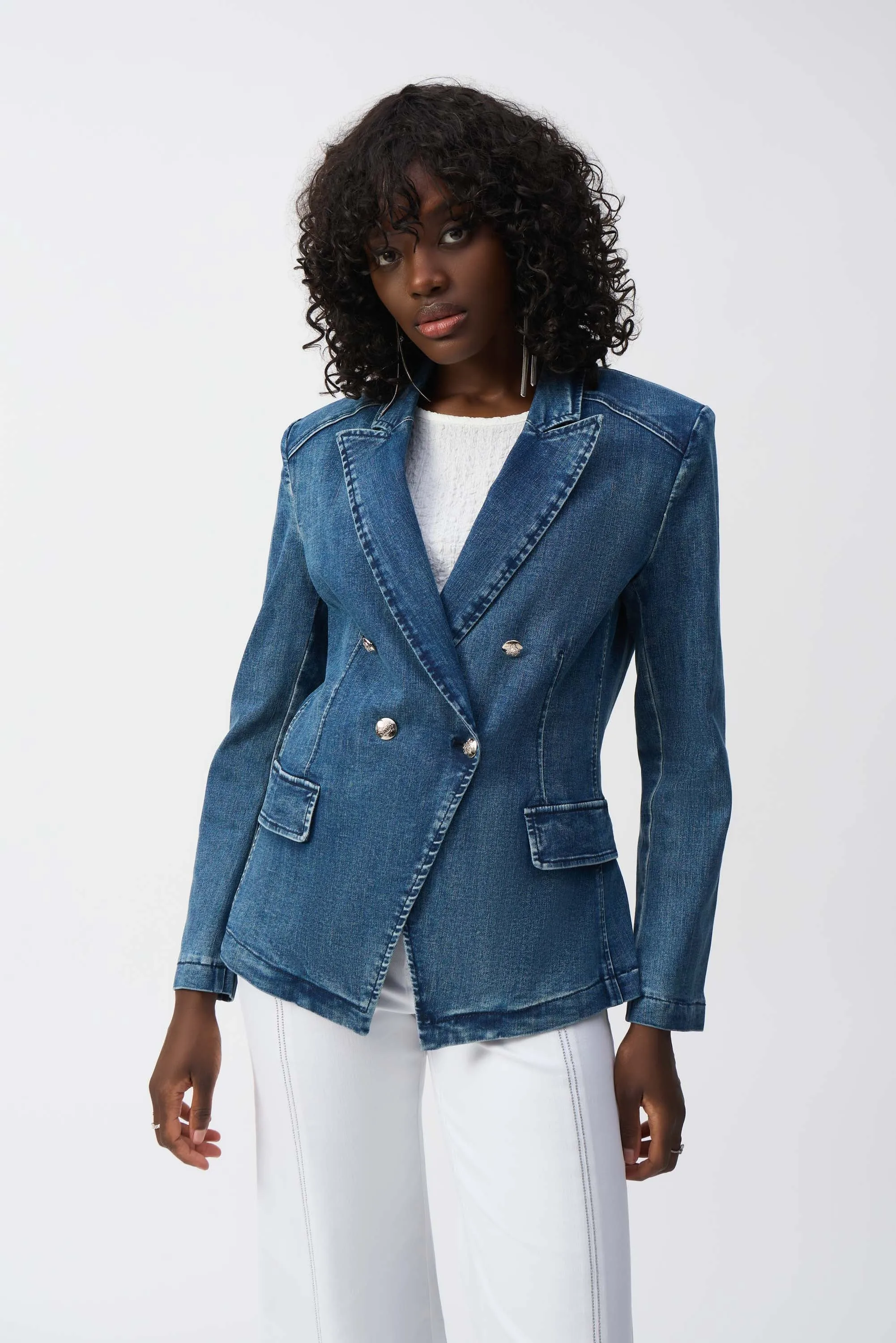 Stretch Denim Double-Breasted Blazer