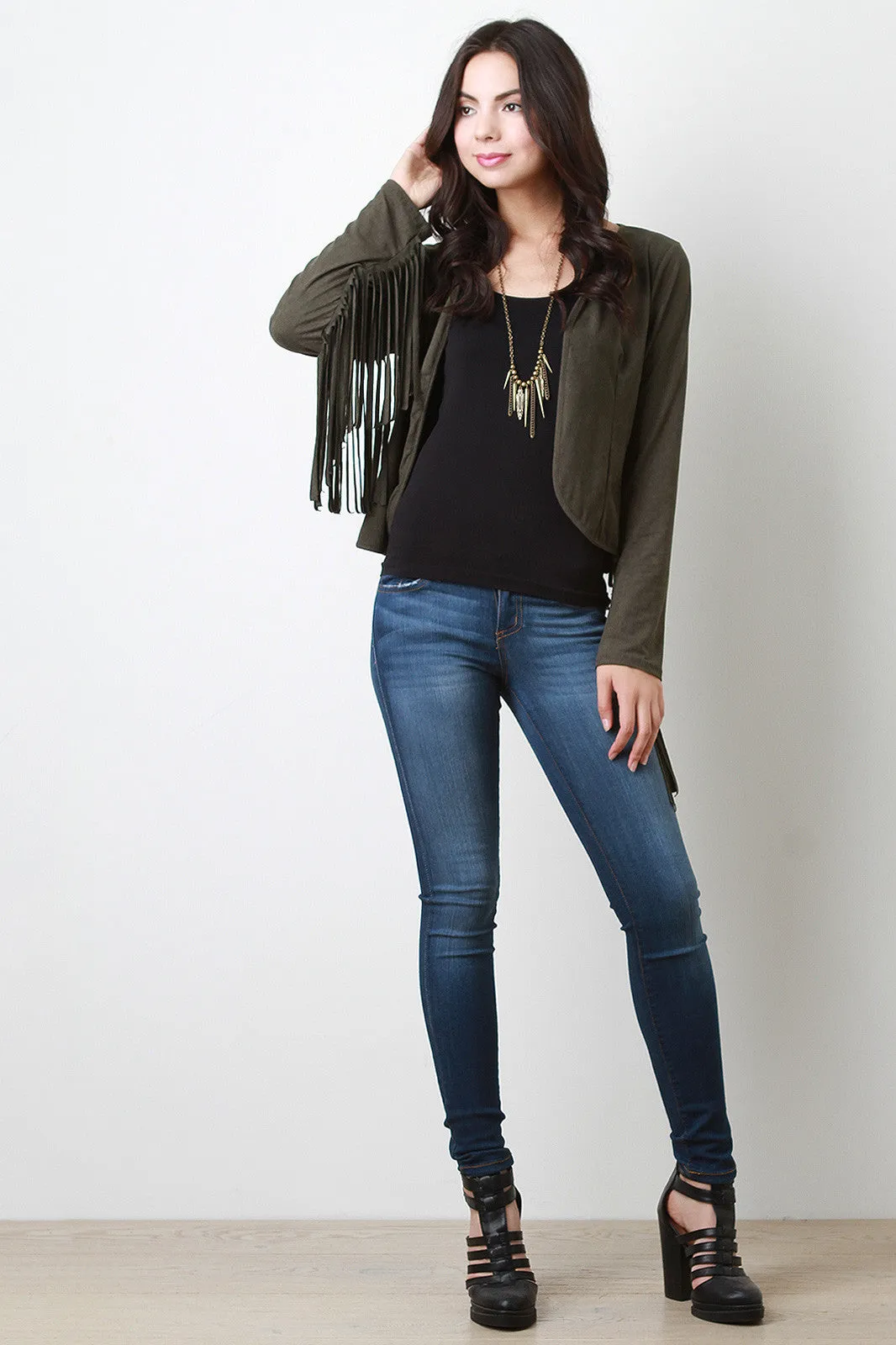 Vegan Suede Fringe Arm Jacket