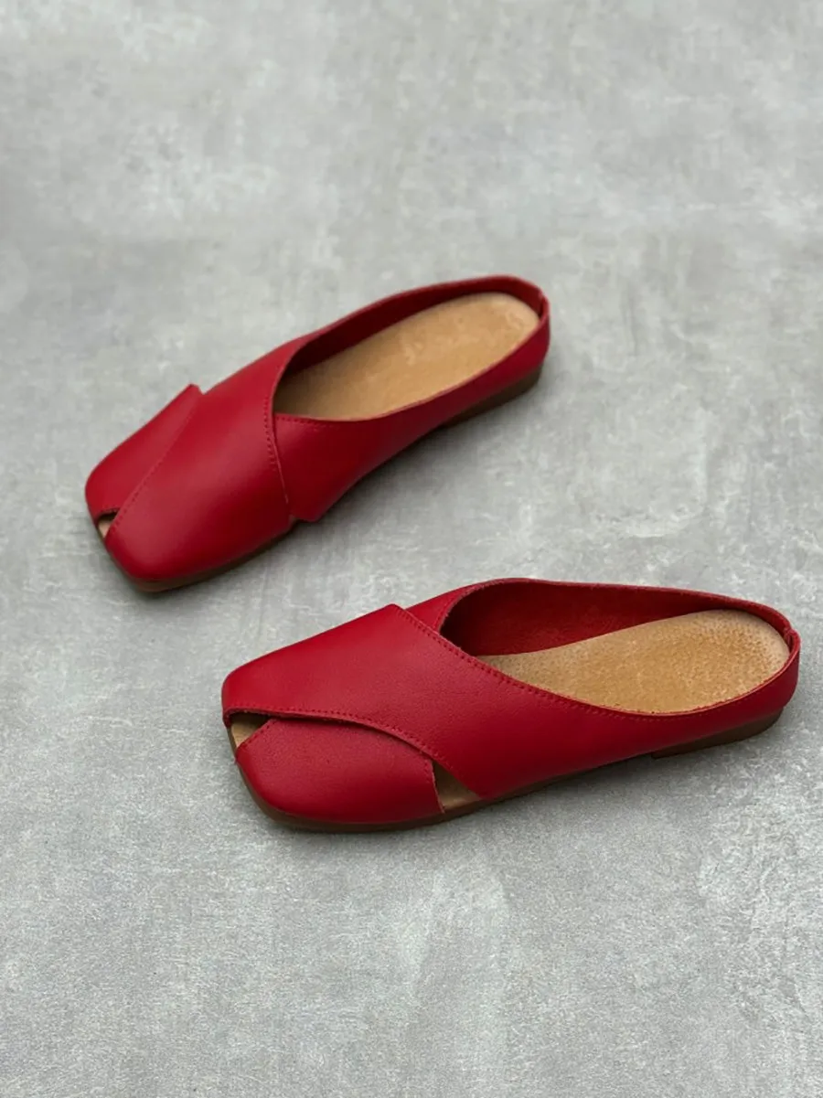 Women Summer Solid Leather Spliced Slippers