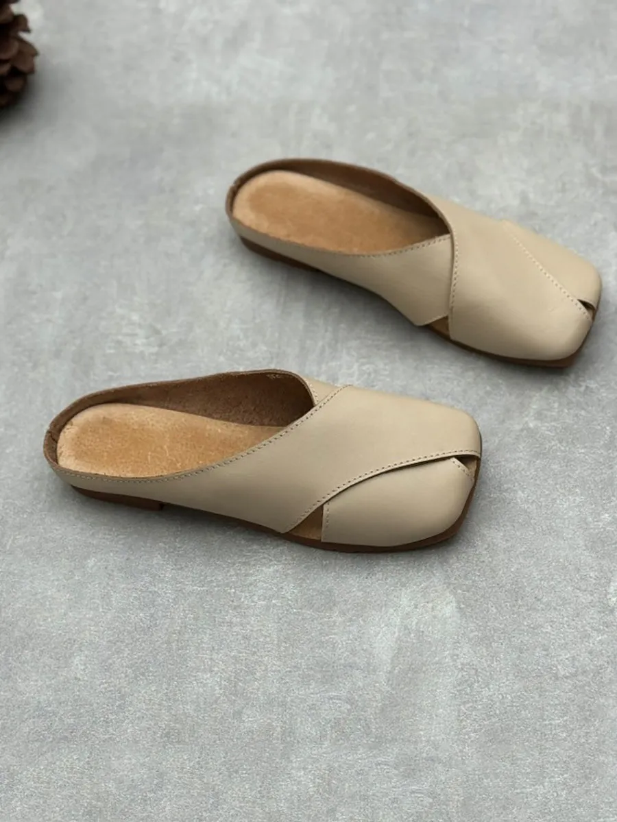 Women Summer Solid Leather Spliced Slippers